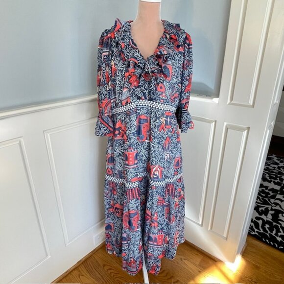 Gretchen Scott Tiered Ruffle Maxi Dress Chinoiserie Sitting Pretty Palanquin XL - Picture 4 of 13